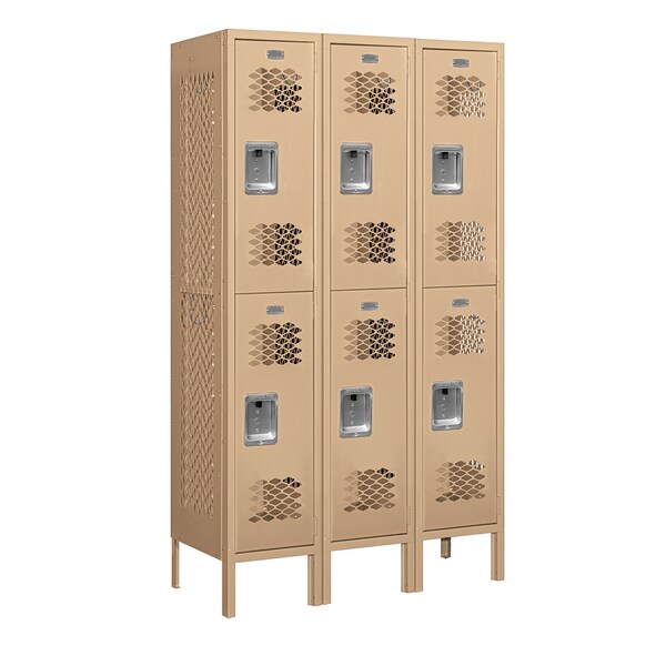 2 Tier Vented Locker, 36"Wx66"Hx15"D, 6 Door, Tan, Unassembled